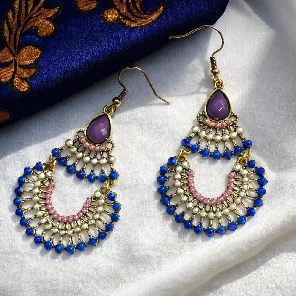 Boho Chic Colorful Beaded Chandelier Statement Earrings | Antique Gold Finish